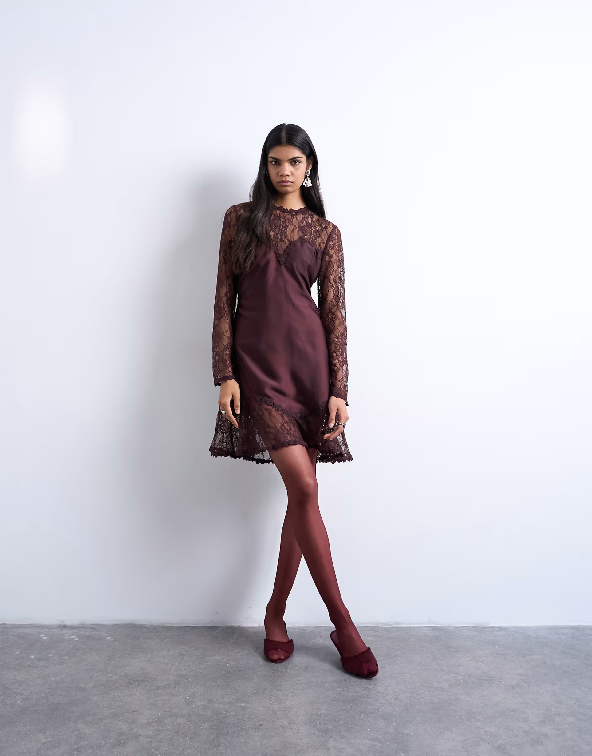Topshop lace sleeve flippy hem mini dress in port royale | ASOS (Global)