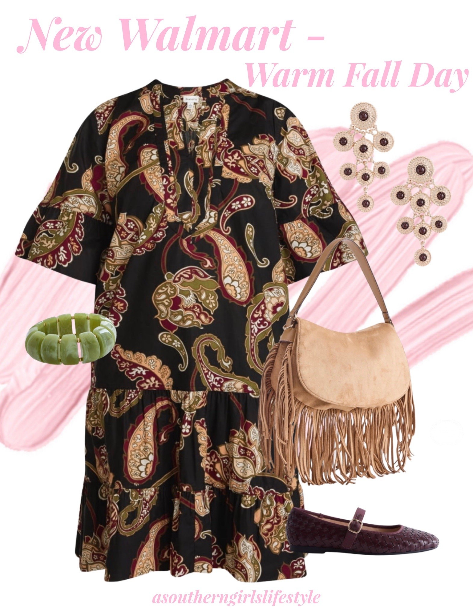 New Walmart Fall Outfit for a Warm Fall Day 

Floral Paisley Flutter Sleeve Dress (comes in more colors), Gold Tone Faux Stone Earrings, Fringe Saddle Bag, Green Marbled Resin Bracelet & Woven Mary Jane Flats 

Fall Outfits Women. Business Casual Workwear. Fall Style. Fall Dress. Fall Accessories

#LTKSeasonal #LTKootd #LTKPetite