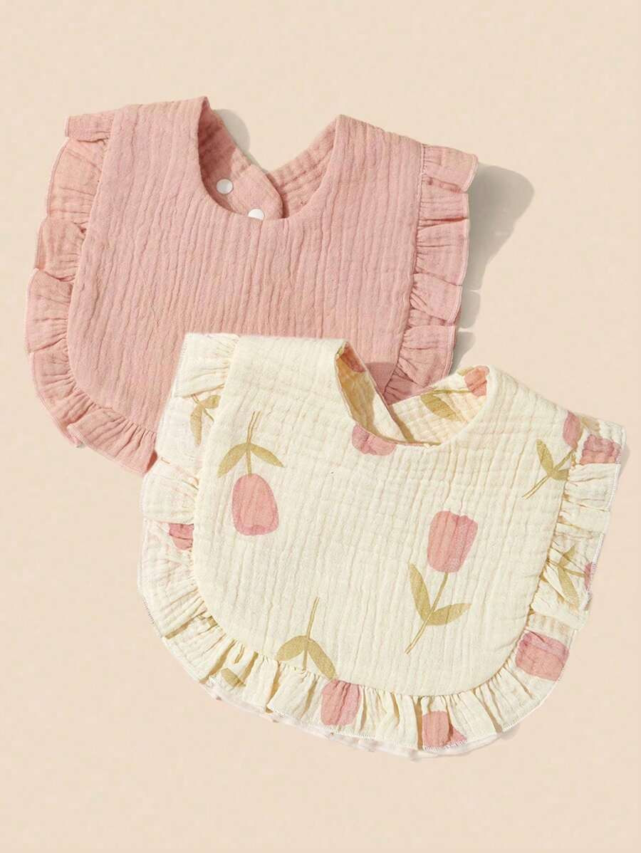 2pcs Infant Bibs With Ruffle Trim Decor, Lace Edging Pure Cotton Soft Drool Scarf | SHEIN