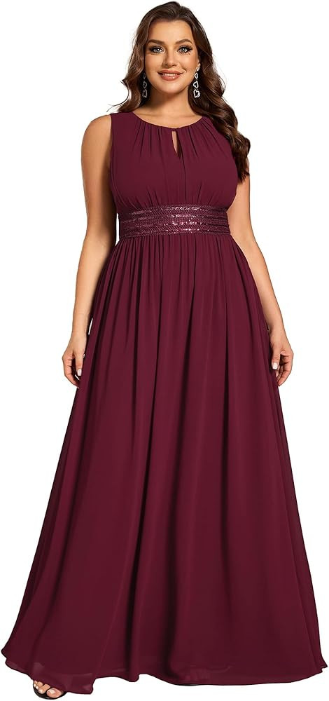 Ever-Pretty Plus Women's Round Neck A Line Sequin Waist Hollow Out Plus Size Chiffon Maxi Formal ... | Amazon (US)