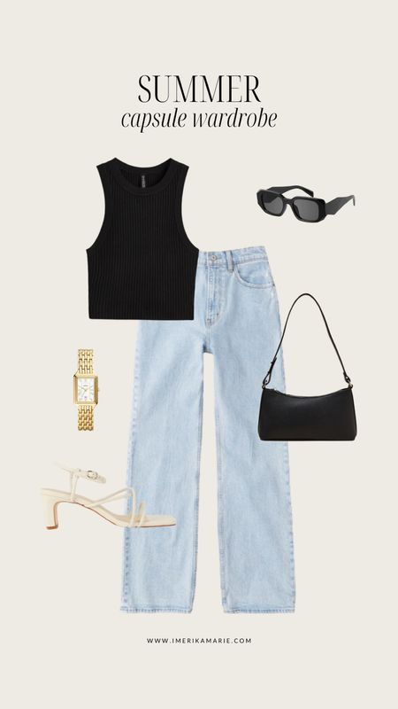 summer capsule wardrobe. summer outfit. sunglasses. sandals. abercrombie jeans. white sandals. 

#LTKstyletip #LTKunder100 #LTKSeasonal