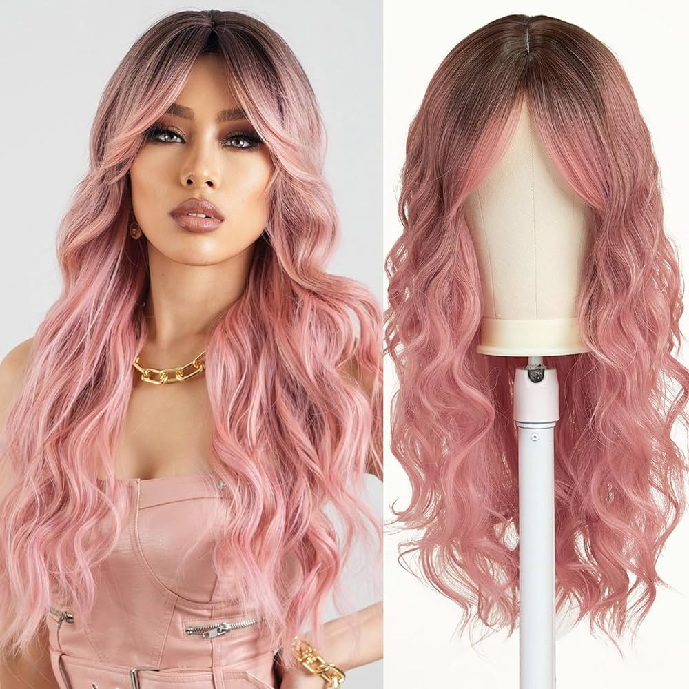 Esmee Long Wavy Pale Pink Wig For Women Bangs Wig Curly Synthetic Hair Natural Looking Heat Resis... | Amazon (US)