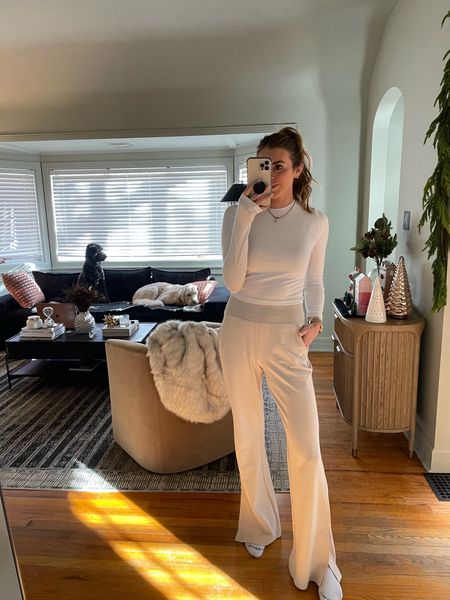 Ribbed longsleeve comes in back of 3 - wear these weekly! Size medium (sized up for extra length. I’m 5’9”). Pants are an elevated loungewear feel - can dress up or down. Wearing a small, if I’m between sizes size down  

#LTKsalealert #LTKCyberweek #LTKstyletip