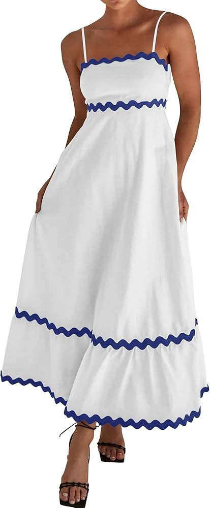 dowerme Women Summer Dresses 2025 Spaghetti Straps Sleeveless Smocked Rickrack Trim Boho Flowy Lo... | Amazon (US)