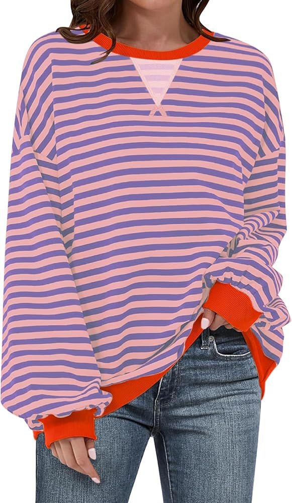 UEU Women Oversized Striped Crewneck Sweatshirt Long Sleeve Color Block Pullover Tops Casual Loos... | Amazon (US)