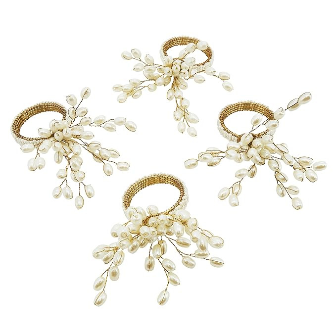 SARO LIFESTYLE Pearly Collection Gold Spiral Faux Pearl Beaded Napkin Ring Vanilla | Amazon (US)