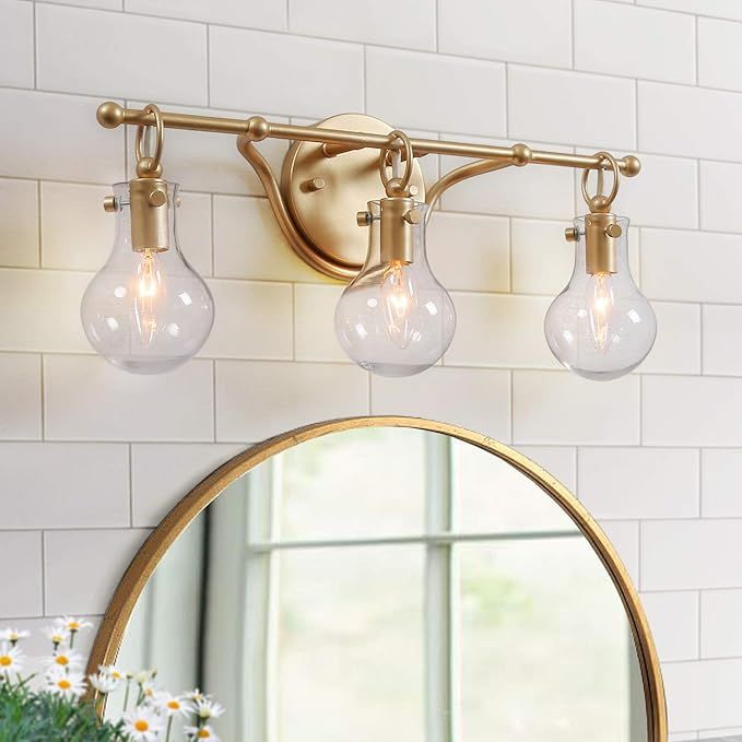 KSANA Gold Bathroom Light Fixtures, 3-Light Vanity Light Fixtures with Clear Glass | Amazon (US)