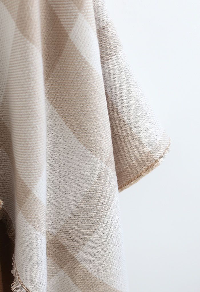 Single-Sided Check Print Reversible Poncho in Ivory | Chicwish