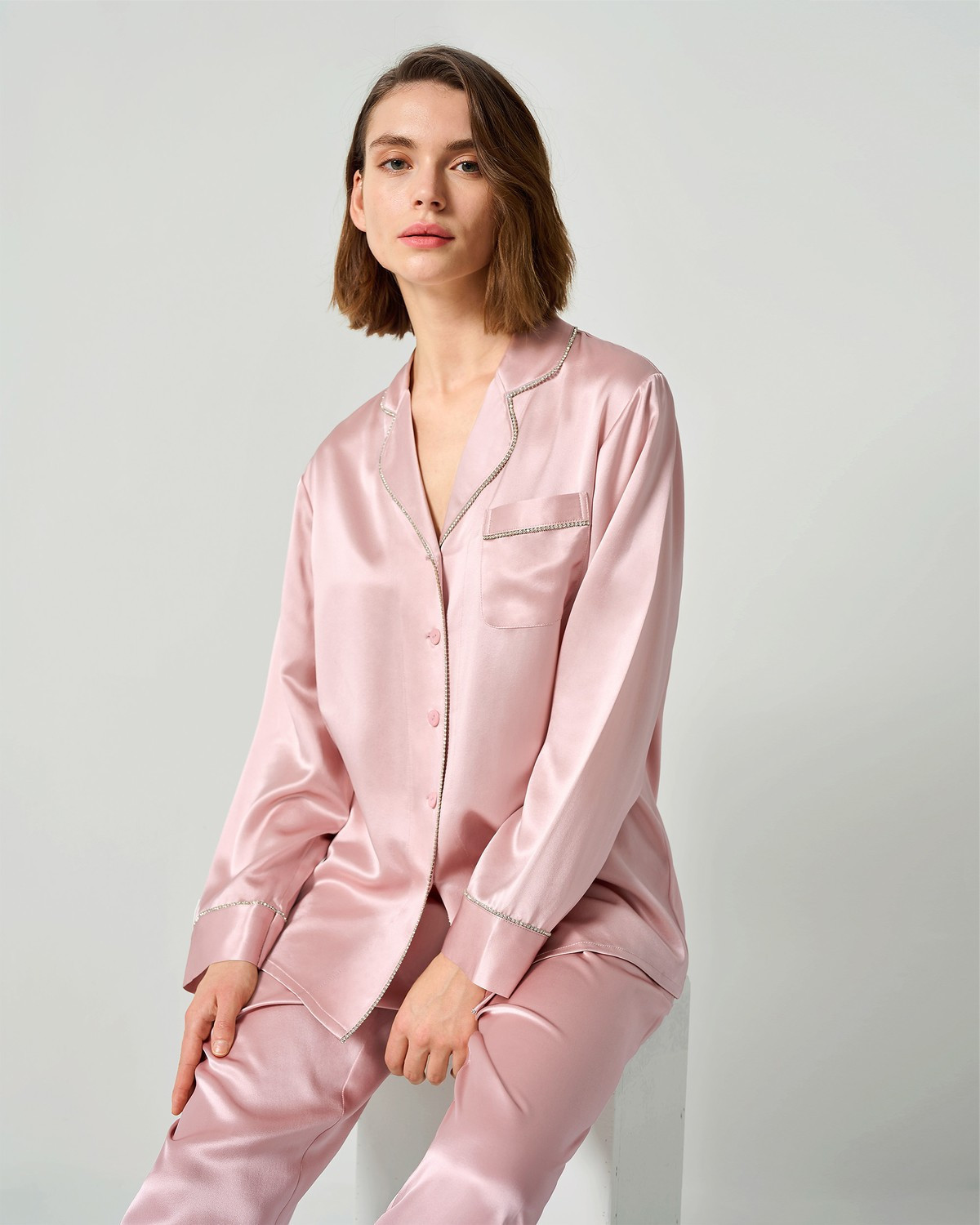 LILYSILK Silk Pajamas for Women Rhinestone Trimmed Silk Women Ladies Pajamas Set Rosy Pink Eco-Friendly | LILYSILK
