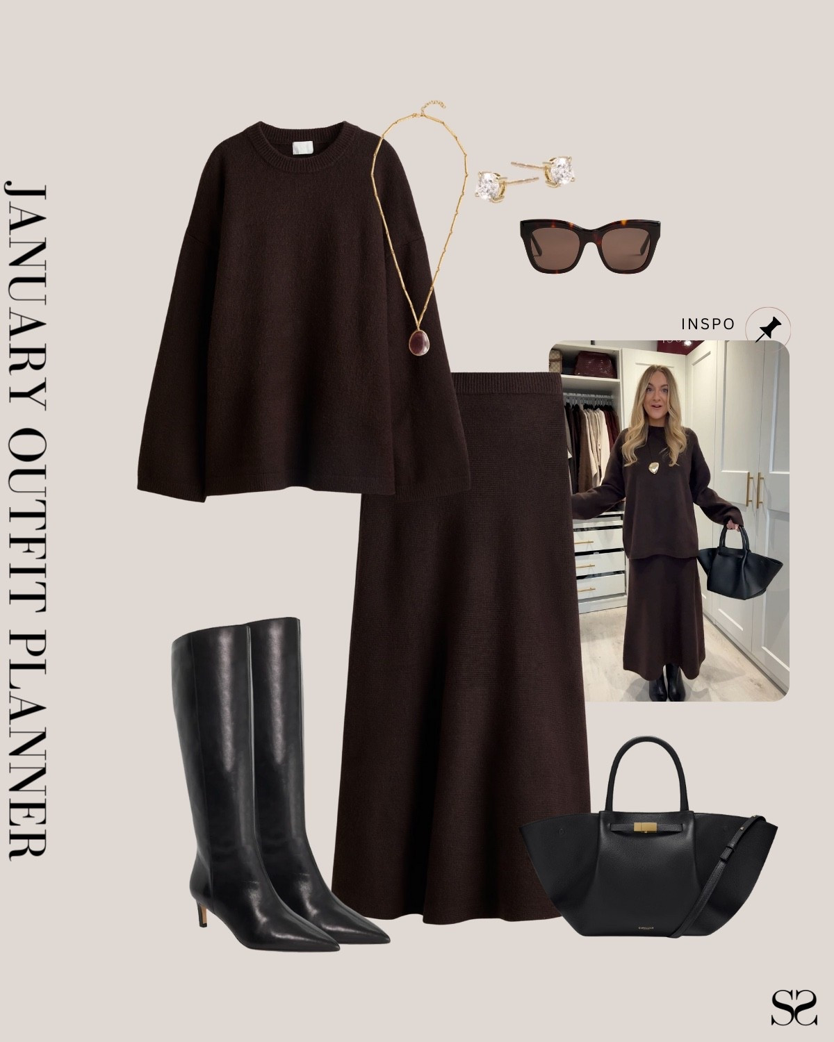 Monthly outfit planner JANUARY: Winter outfits | chocolate brown sweater, knit skirt, knee high boott

#classicstyle #LTKstyletip #winteroutfit #dressycasual

Image inspo credit: @missy_elz

#LTKgrwm #LTKSeasonal #LTKootd