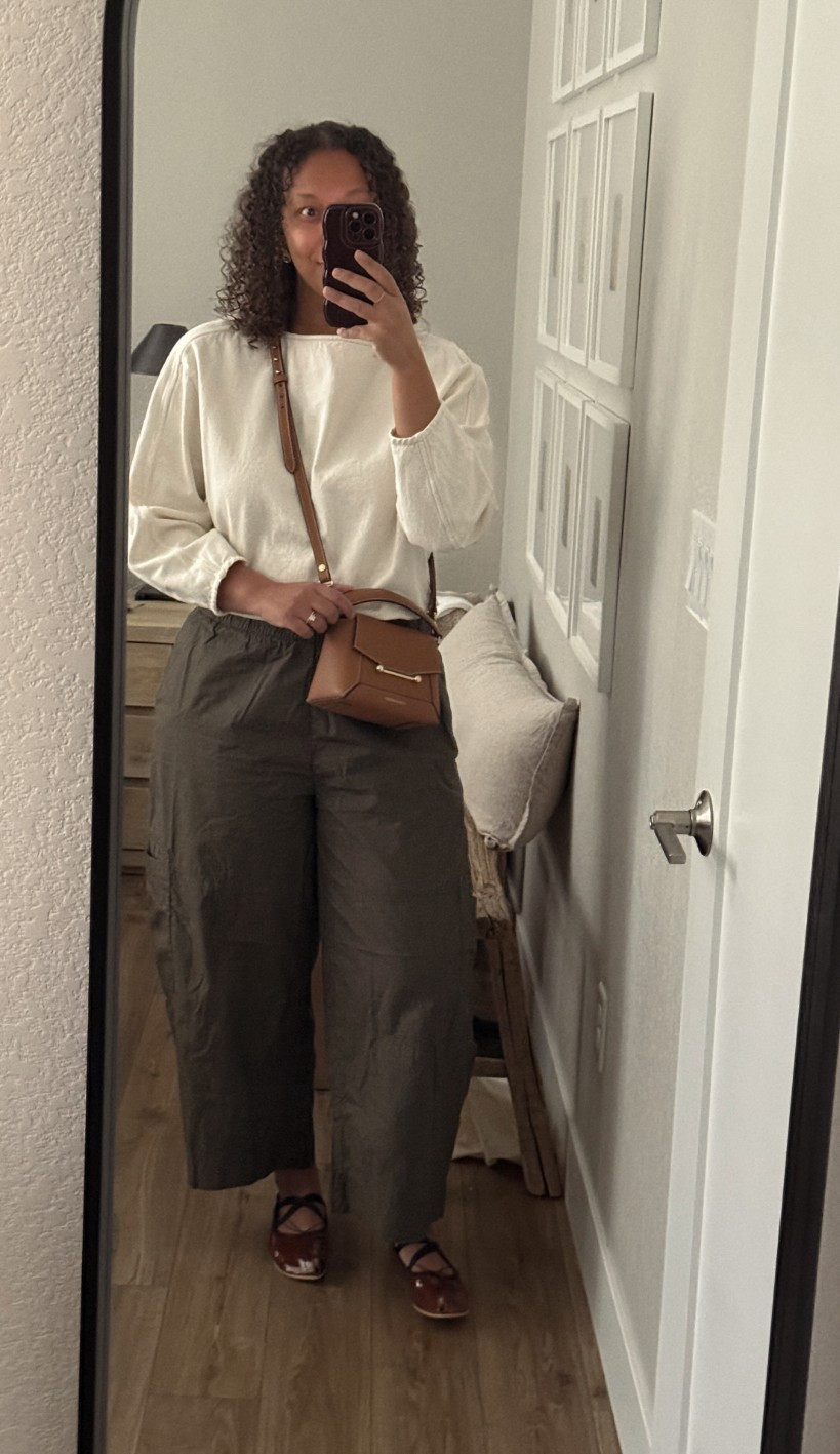 Ootd: Green cargo barrel pants, white boatneck top, red ballet flats, tan leather bag. 