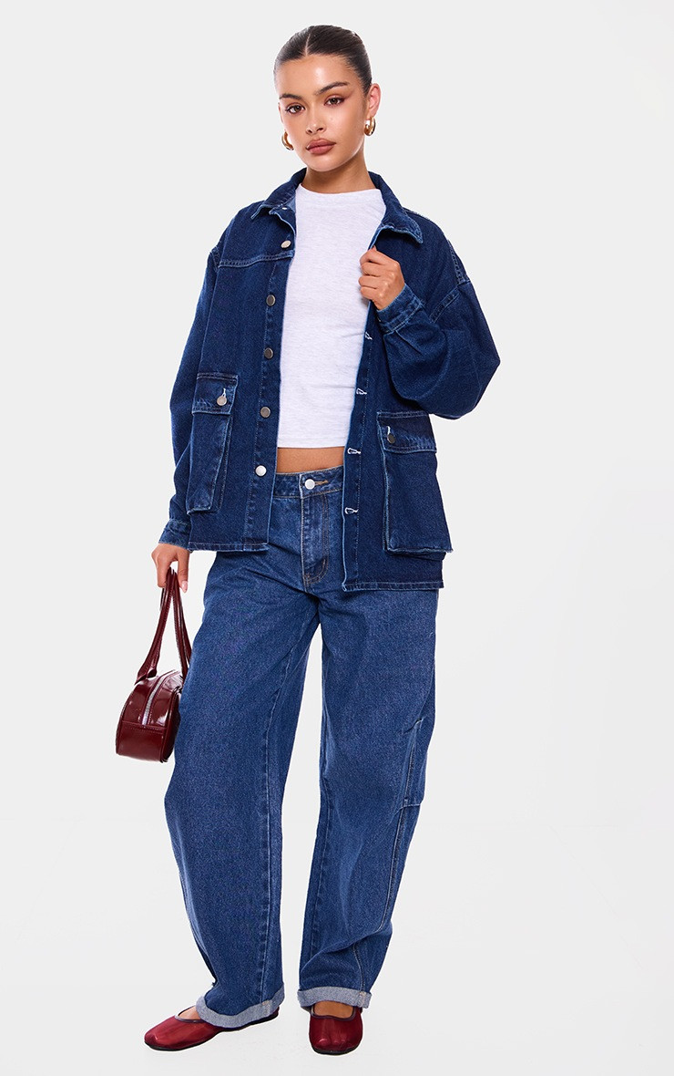 Indigo Oversized Button Up Pocket Detail Denim Shacket | PrettyLittleThing US