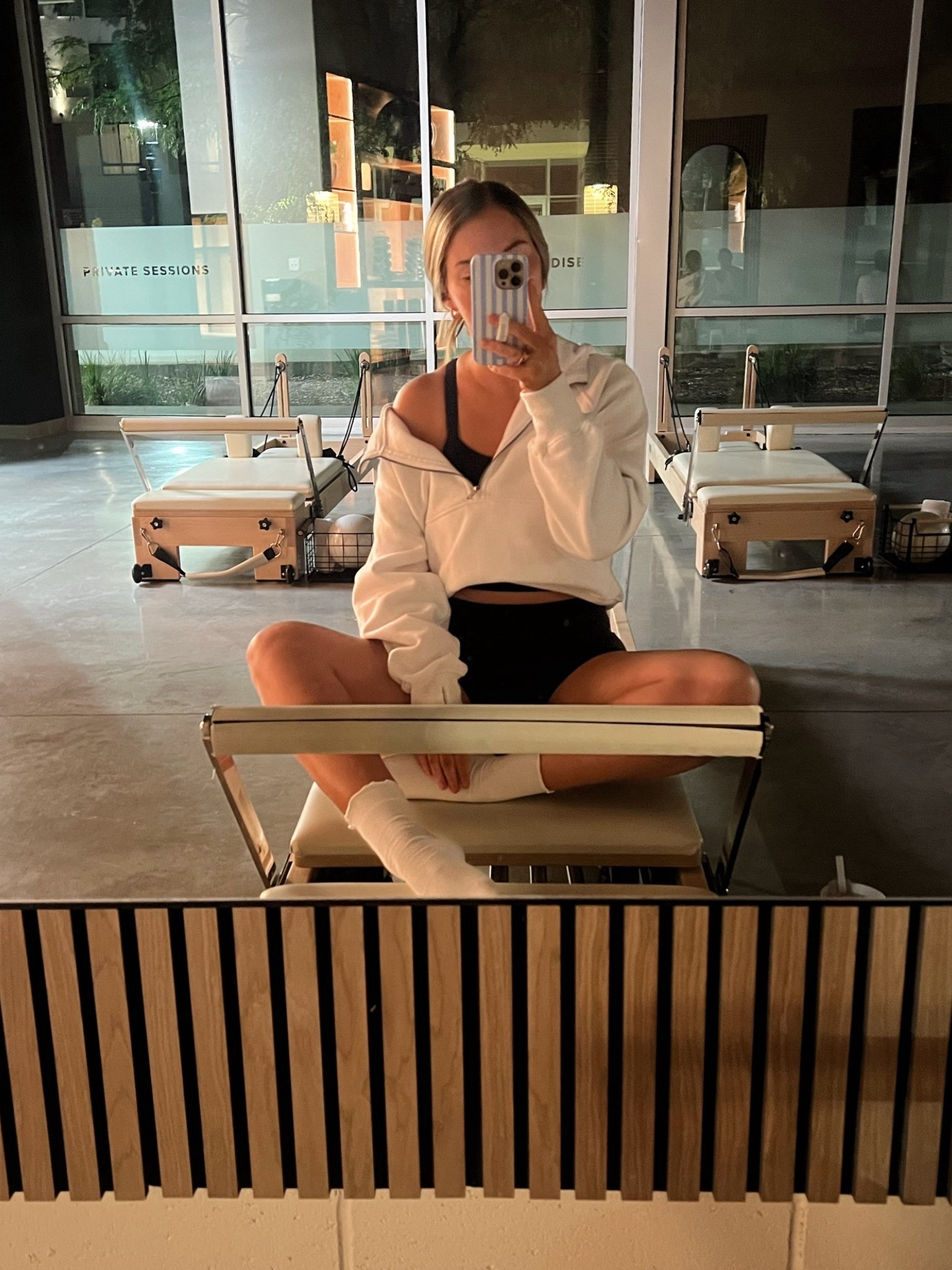 Pilates outfit - wearing ribbed Alo bike shorts set (m top) (m bottom) fits tts, lulu dooop scuba (m), & Pilates grip socks with ruffle edge 

#LTKStyleTip #LTKActive #LTKFindsUnder50