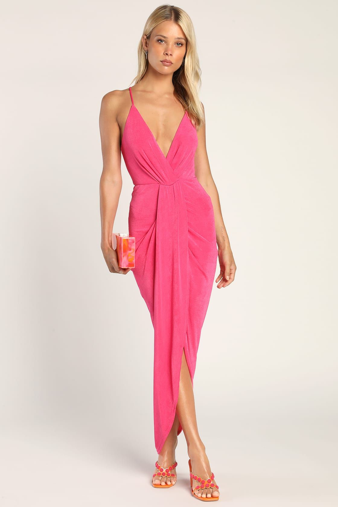 Dreamy Date Hot Pink Surplice Midi Dress | Lulus (US)