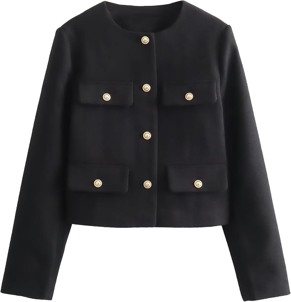 ebossy Women's Button Down Petite Blazer Jacket Long Sleeve Slim Coat Crop Top with Flap Pocket | Amazon (US)