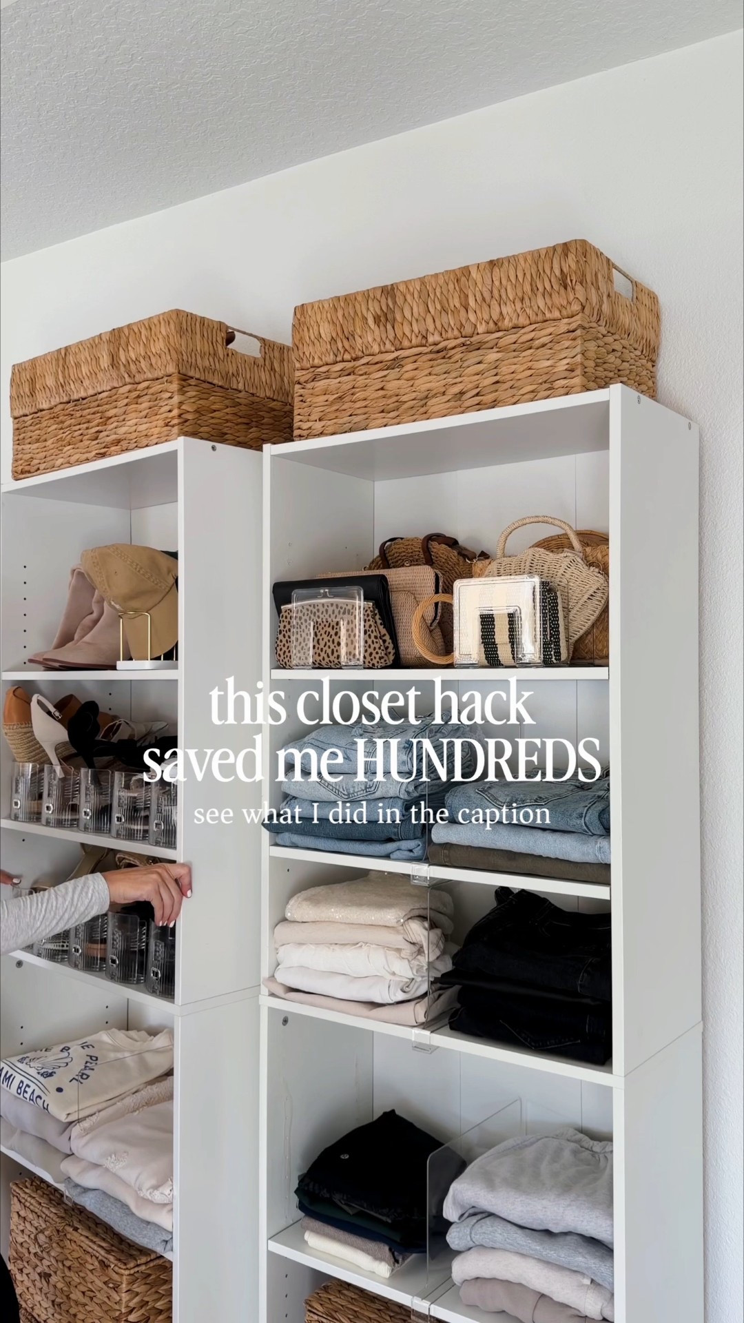 I wanted that built-in custom closet look… but not the built-in custom price so I put two bookcases together and turned them into my own closet system. Way more storage, everything visible, and it looks SO much more expensive than it was. Here is everything I used ✨🤍

#LTKHome