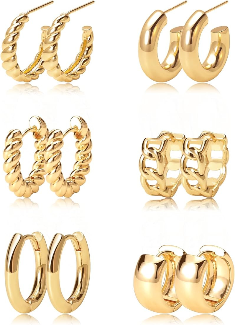 Gold Hoop Earrings Set 14k Gold Plated Huggie Earrings Hypoallergenic Chunky Twisted Thick Jewelr... | Amazon (US)