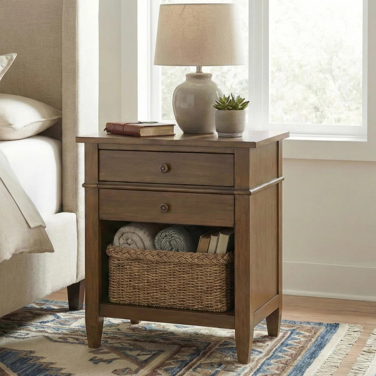 Carlton 24"W Solid Wood Transitional Nightstand with 2 Drawers, Open Storage Shelf and Bronze Har... | Wayfair North America
