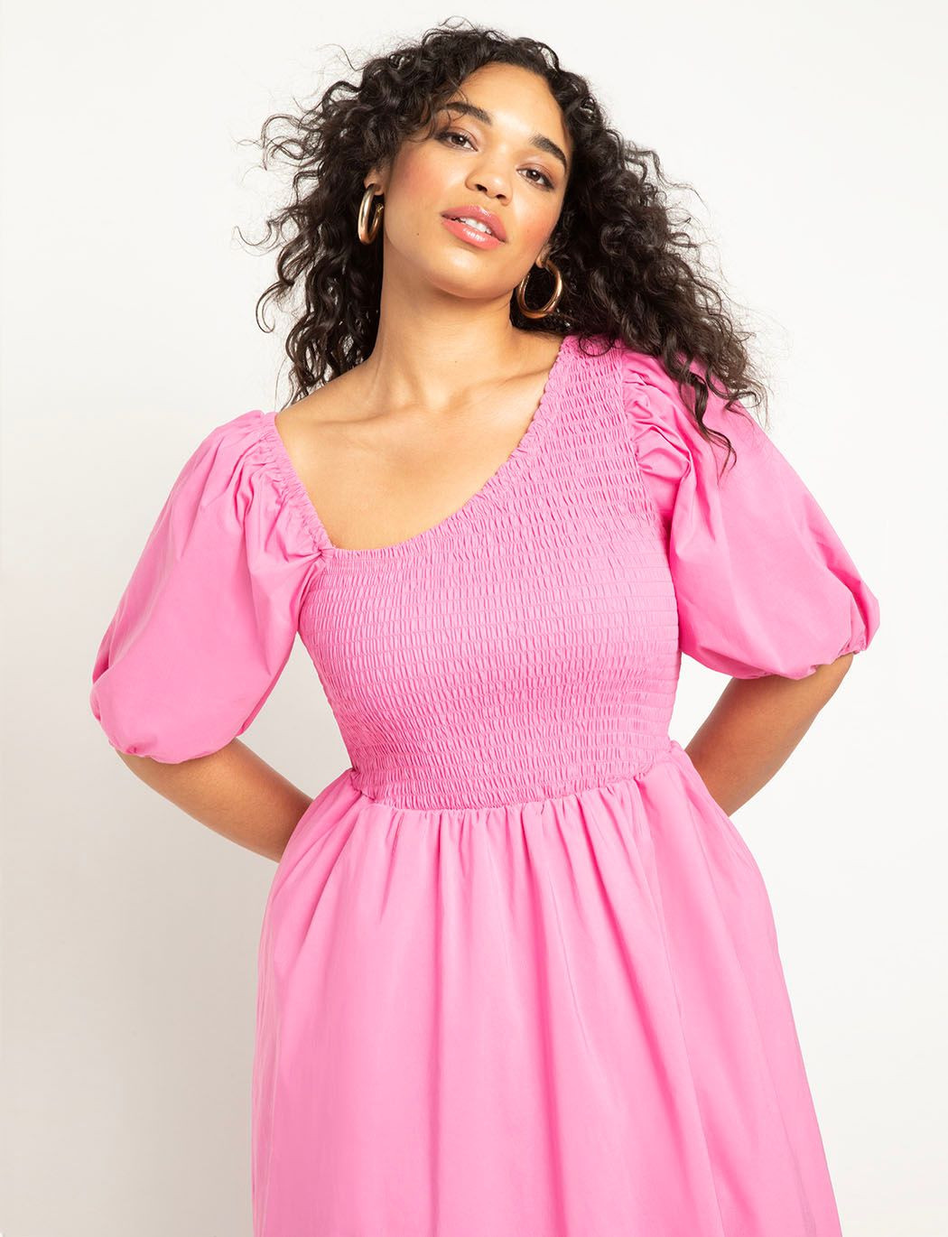 Smocked Bodice Asym Neck Dress | Eloquii
