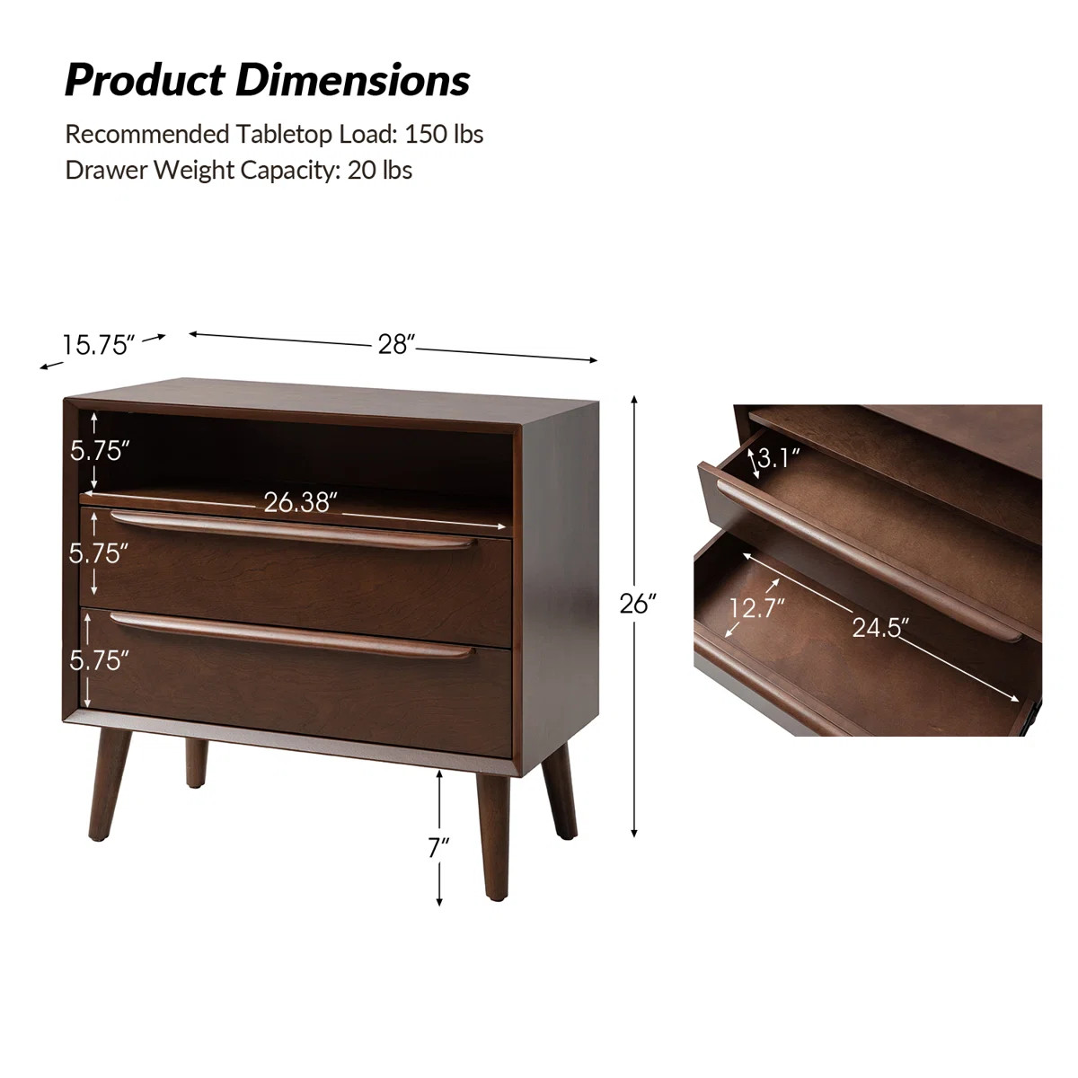 Aviannah Midcentury Modern 28''W 2-Drawer Nightstand with Charging Station and Solid Wood Legs an... | Wayfair North America