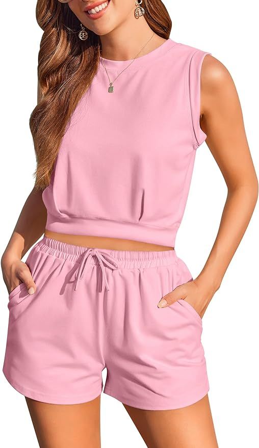 Zeagoo Womens Summer 2 Piece Outfits Sleeveless Round Neck Tops and High-waisted with Drawstring ... | Amazon (US)