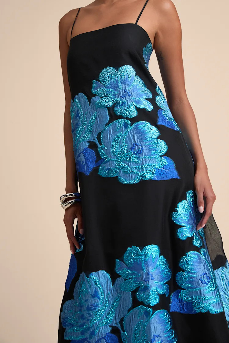 Yavanna Black and Blue Floral Jacquard Shift Maxi Dress | Lulus