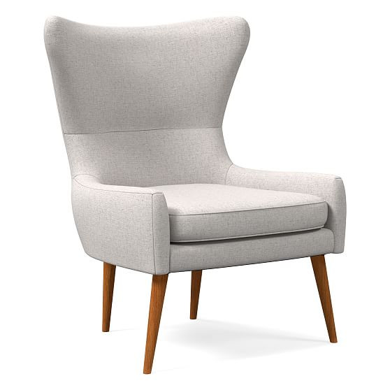 Erik Wing Chair, Poly, Performance Coastal Linen, Dove, Dark Oak | West Elm (US)