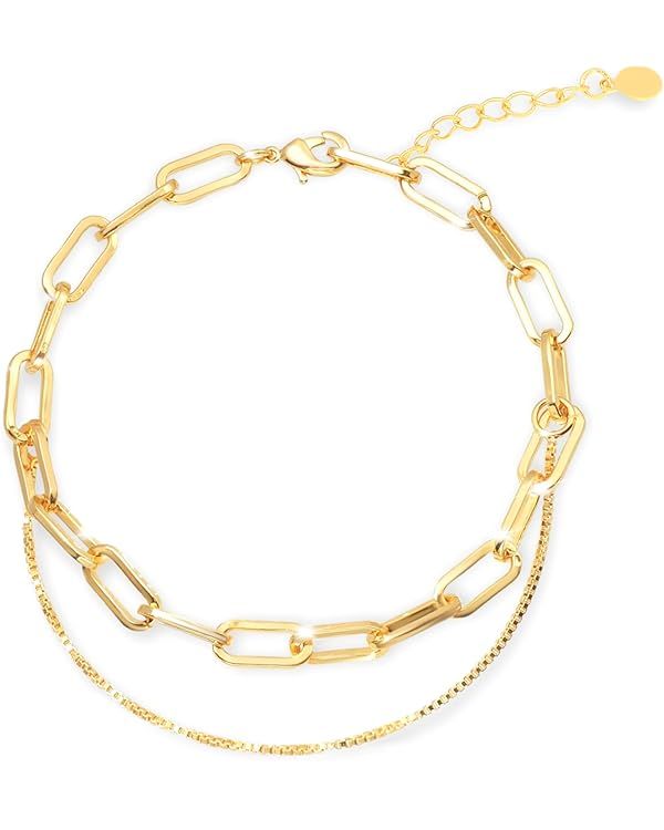 18K Gold Plated Paperclip & Box Chain Bracelet, with Adjustable Extender, Hypoallergenic, Trendy ... | Amazon (US)