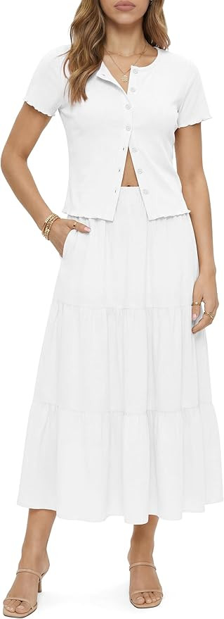 2 Piece Skirt Set for Women Short Sleeve Ribbed Cardigan High Waist Maxi Ruffled Skirt Summer Out... | Amazon (US)