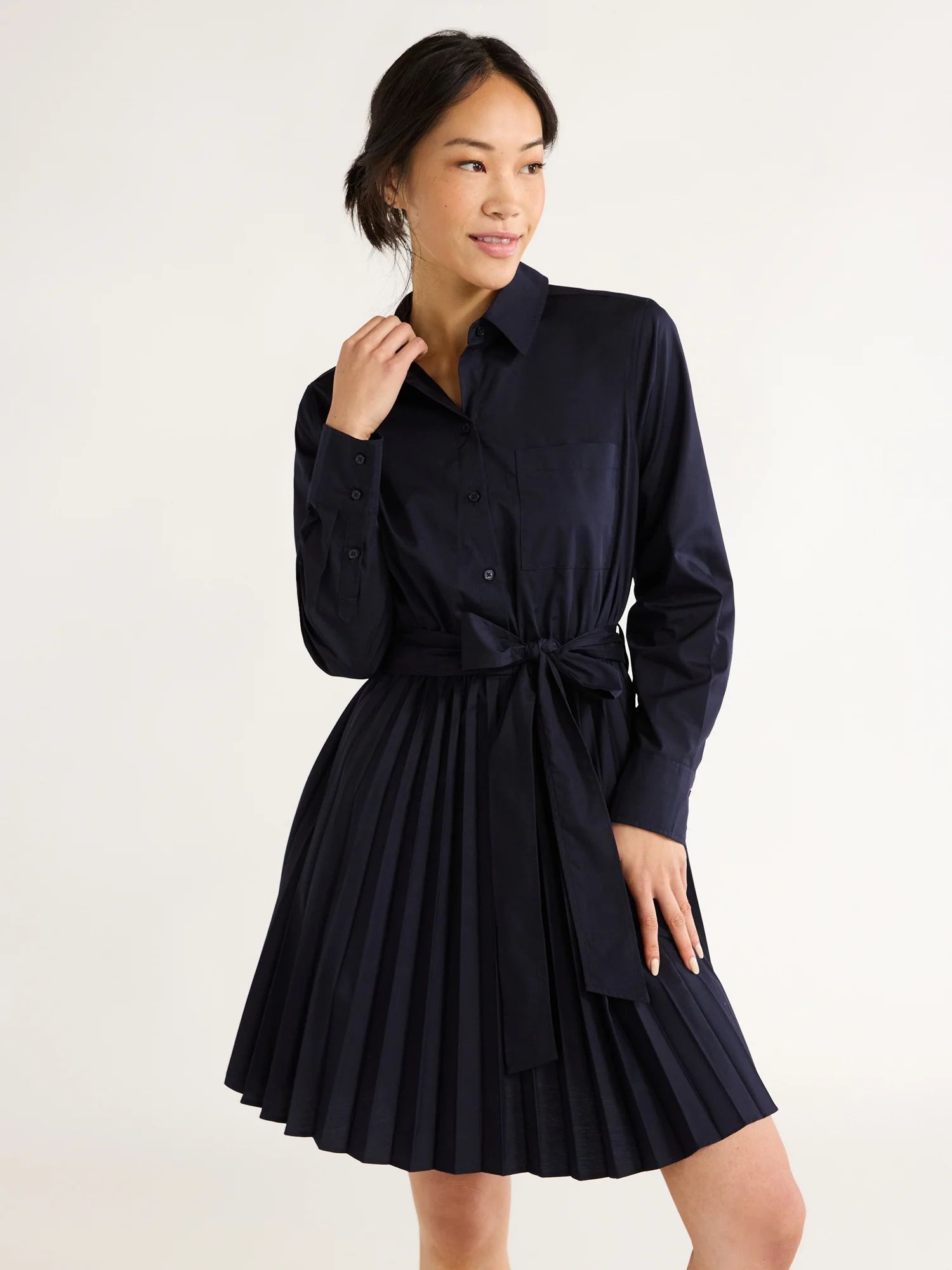 Free Assembly Women’s Pleated Mini Shirtdress with Long Sleeves, Size XS-XXL - Walmart.com | Walmart (US)