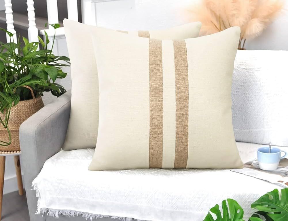 Set of 2 White Linen Patchwork Throw Pillow Covers 18X18 Farmhouse Decorative Square Striped Pill... | Amazon (US)