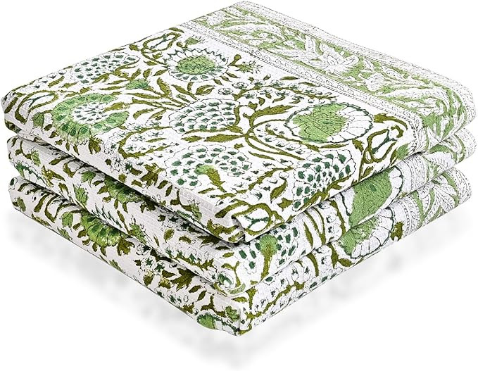 CPC Agate Green Hand Block Print Waffle Kitchen Towel Set of 3-16 x 28 Inch Ultra Absorbent Quick... | Amazon (US)