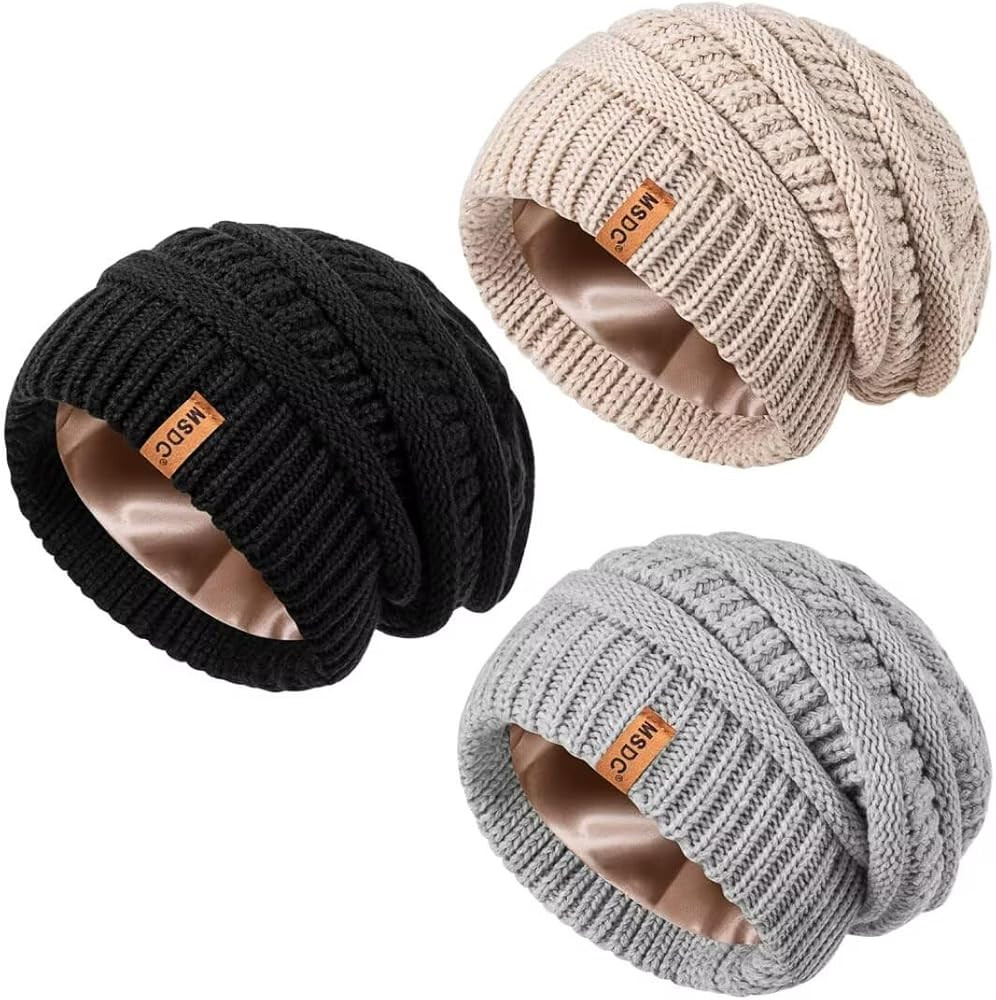 3 Pack Satin Lined Beanie for Women, Warm Slouchy Winter Hats with Silk Lined, Fashionable Oversi... | Amazon (US)