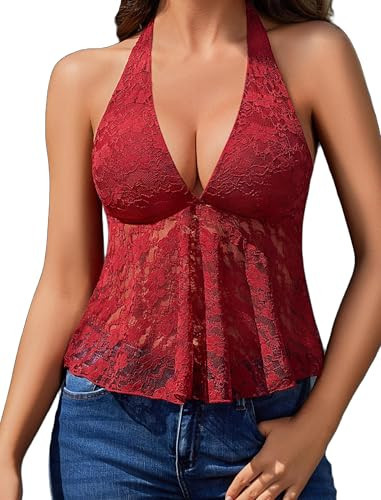 Avidlove Lace Tank Top Halter Sexy Tops for Women Going Out Burgundy L | Amazon (US)