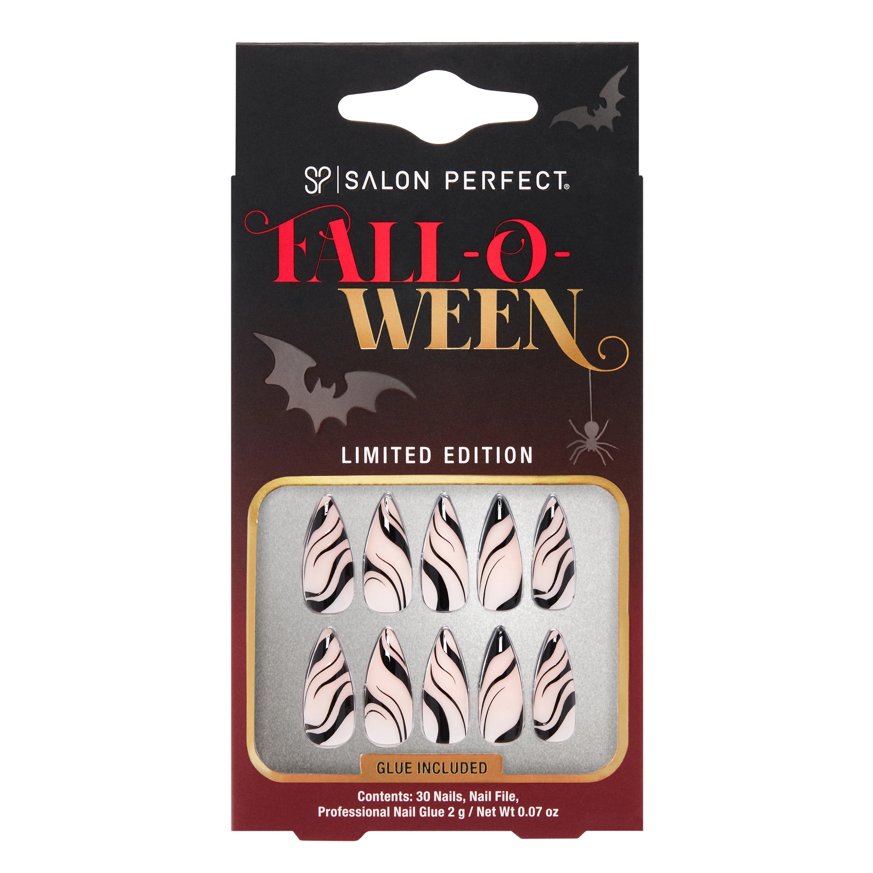 Salon Perfect Falloween Press On Nails, 317 Black Swirl Stiletto, File & Glue Included, 30 Nails | Walmart (US)