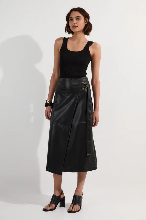 Faux Leather Tie Detail Wrap Midi Skirt | Karen Millen UK + IE + DE + NL