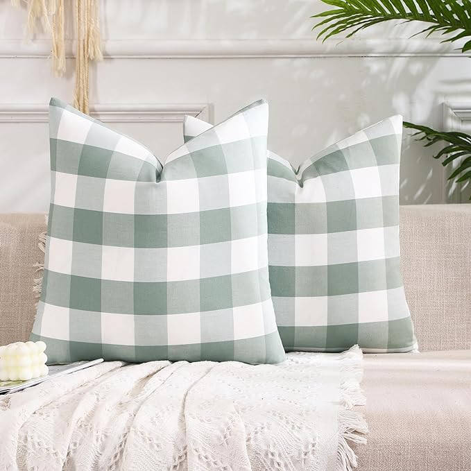 CARRIE HOME Farmhouse Sage Green Plaid Pillow Covers 18x18 Set of 2 Neutral Throw Pillows Light G... | Amazon (US)