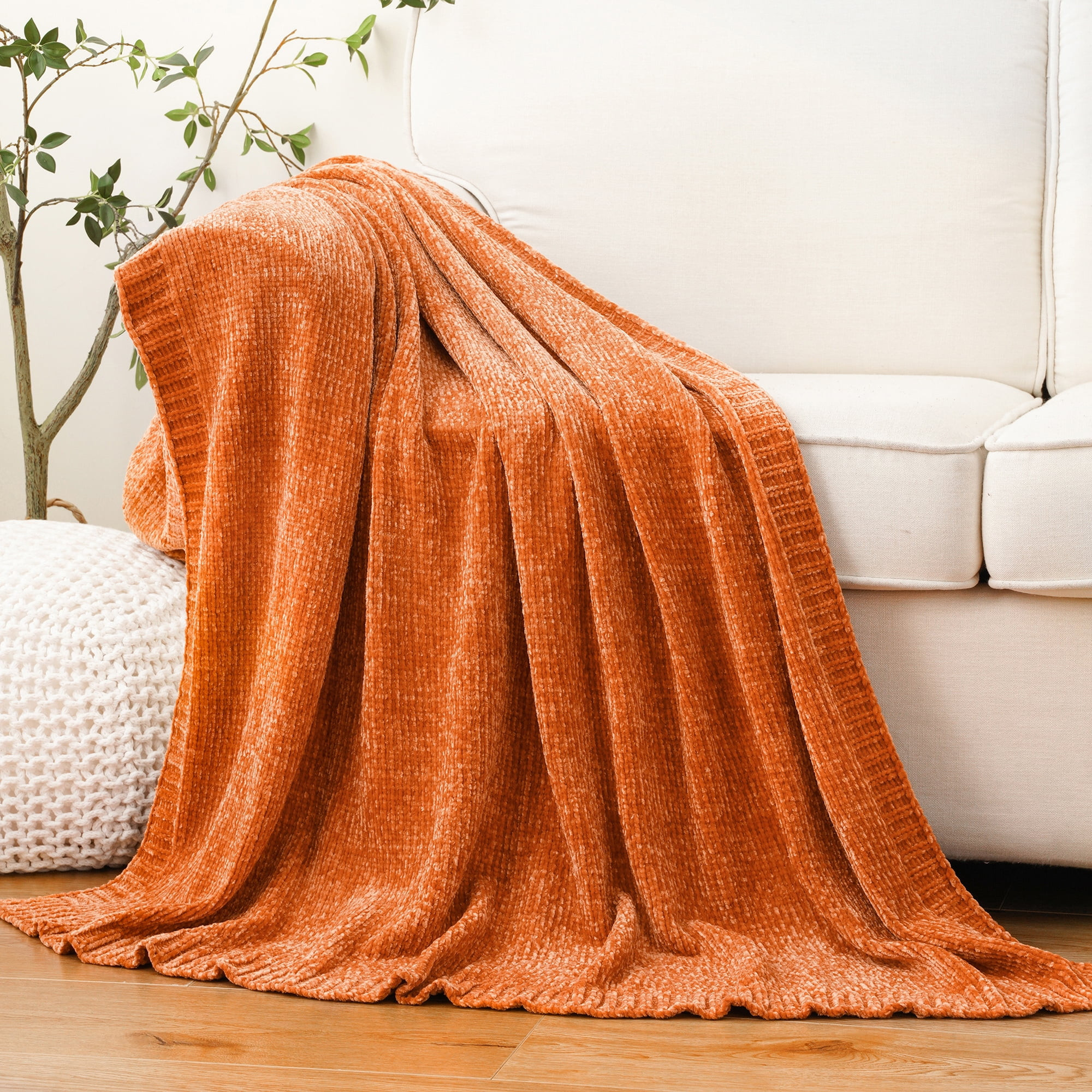 Battilo Manta de Tiro Naranja Tiros de Punto de Chenilla para Sofá Cama, Manta Decorativa Súper... | Walmart (US)
