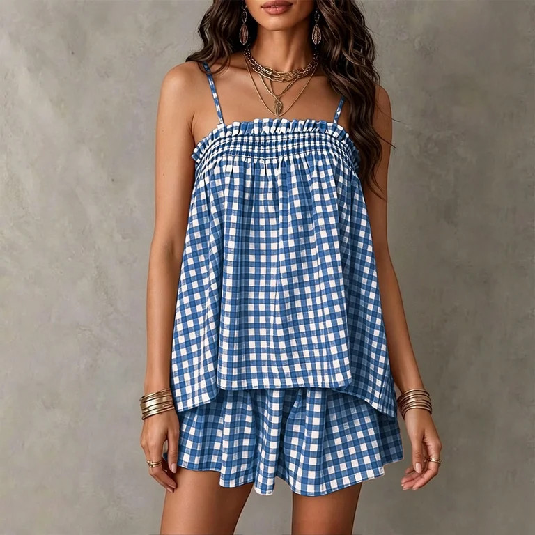Moxiu Gauze Short Sets Women 2 Piece Outfits Casual Summer Sleeveless Plaid Ruffle Spaghetti Stra... | Walmart (US)