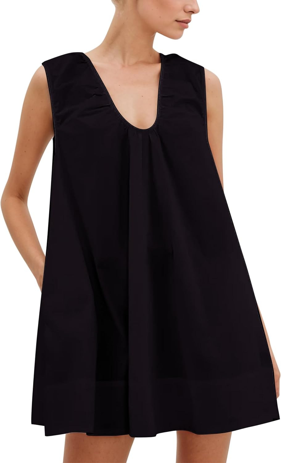 Women Summer Sleeveless Babydoll Mini Dress Scoop Neck Loose Fit Tank Dresses Party Ruched Short Dress witn Pockets | Amazon (US)