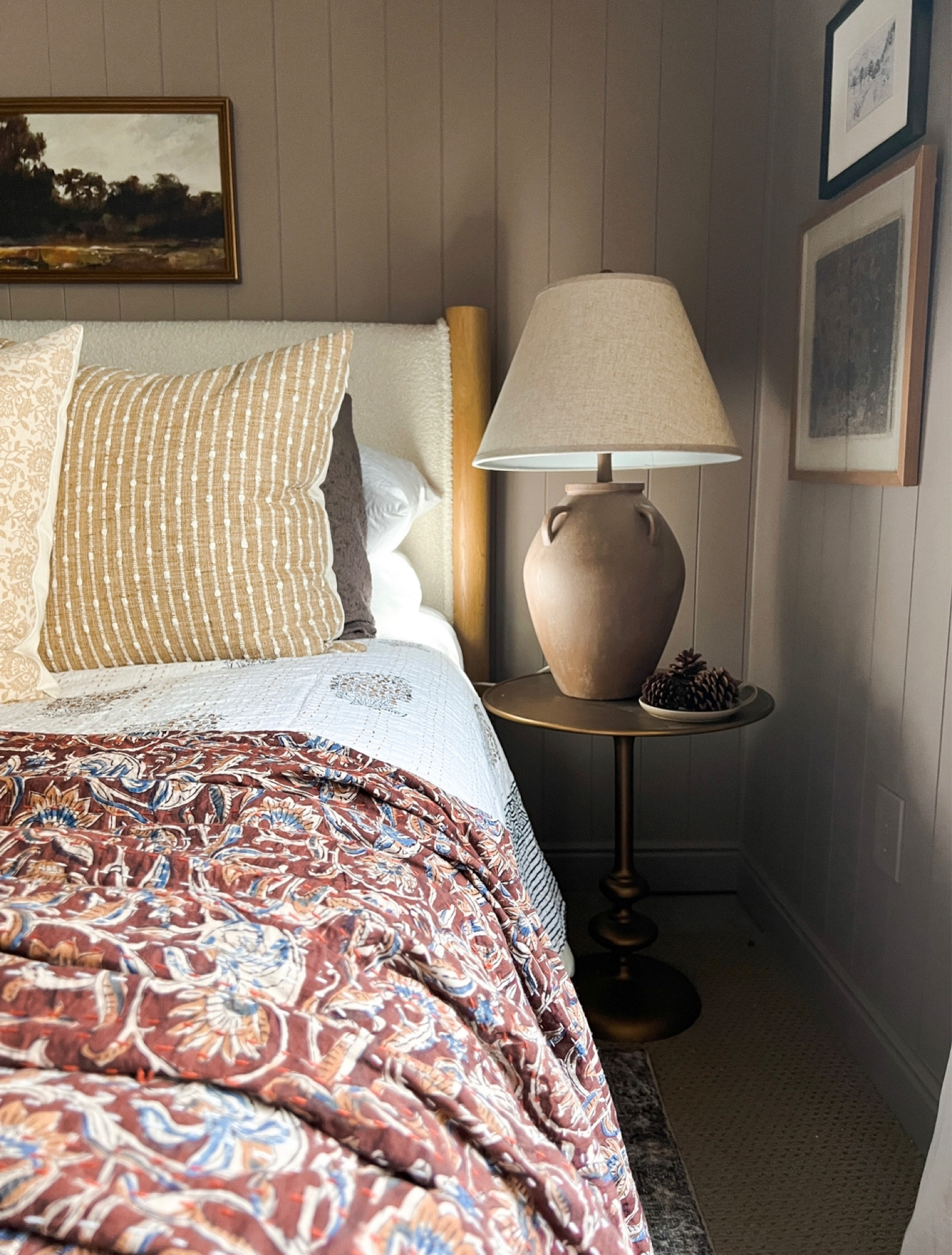 Moody bedroom styling 

Guest room burgundy kantha quilt tan beige throw pillow cover striped floral block print vintage rug red stems dark found vase aged bronze round side table urn lamp brown bench throw blanket vintage landscape framed art studio mcgee Etsy amber Lewis loloi linen curtains white and black quilt stitching empire lamp shade ceramic dish cream candle 

#LTKFind #LTKstyletip #LTKhome