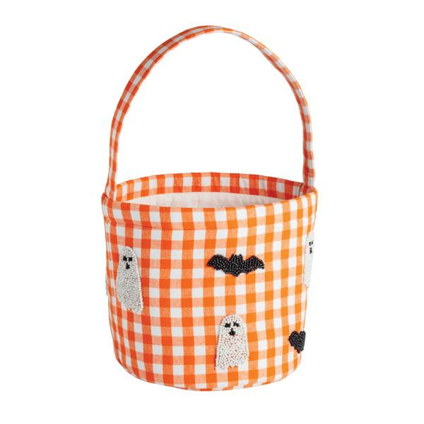 Mud Pie Ghost Beaded Halloween Bucket in Orange | 100% Cotton | Mud Pie