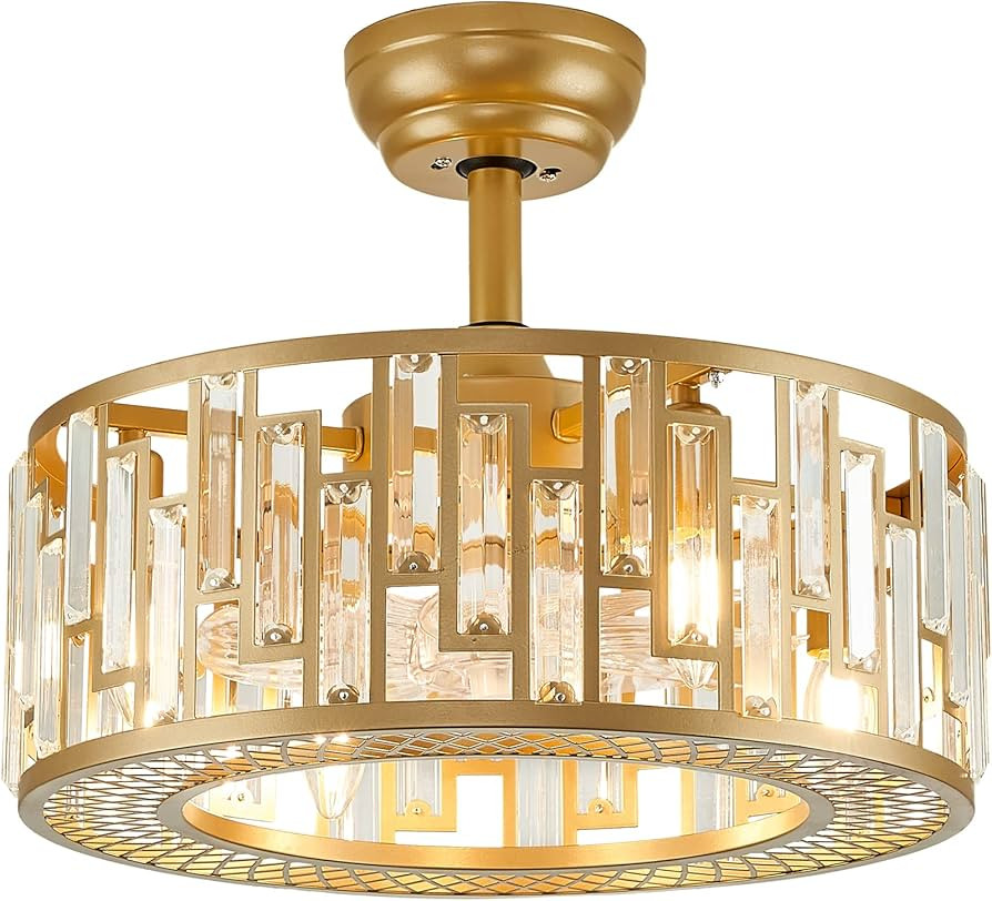FookChak Gold Crystal Fandelier Kitchen, Caged Ceiling Fan Light for Bedroom with Remote Control,... | Amazon (US)