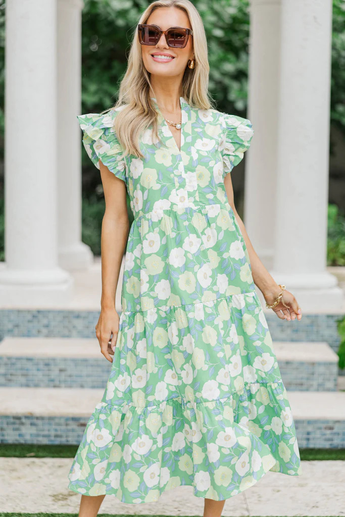 Bright Days Ahead Green White Combo Floral Midi Dress | The Mint Julep Boutique