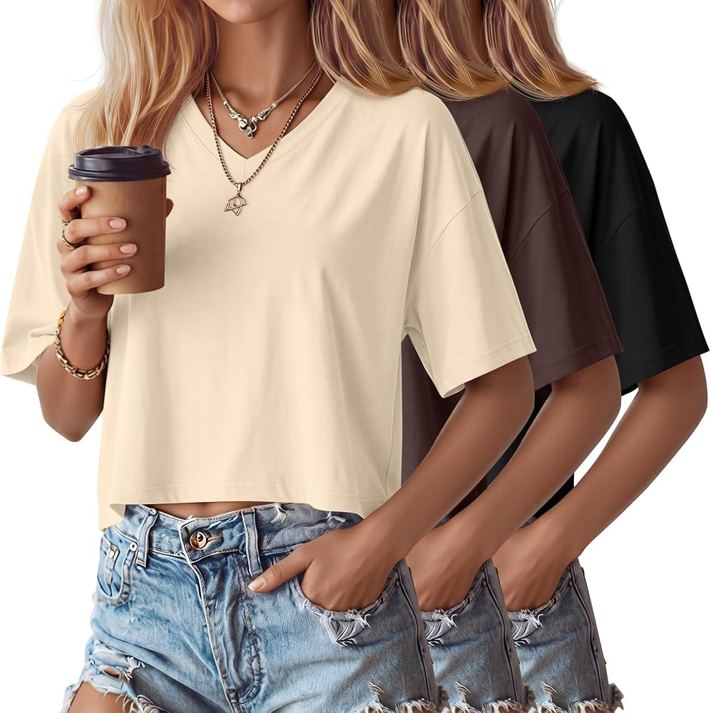 Ficerd 3 Pack Women's V Neck Crop Tops | Amazon (US)