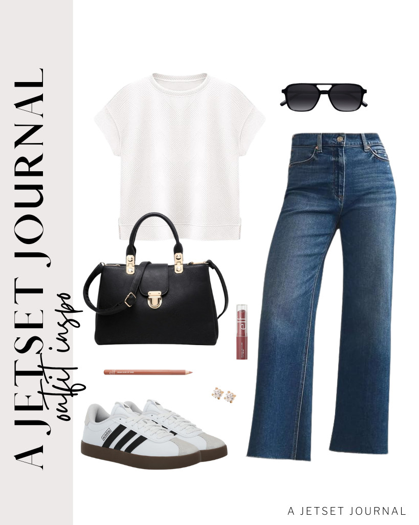 For a busy day, wear this basic top and high-waisted jeans from KUNMI plus Adidas sneakers. This satchel handbag and aviator sunnies complement this look. Complete your chic look with e.l.f.’s lip liner and lip shine. 

#LTKSeasonal #LTKSaleAlert #LTKTravel 

 