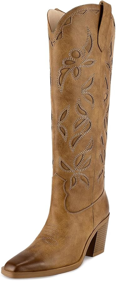 ISNOM Knee High Cowboy Cowgirl Boots for Women, Western Boots with Pull On Tab, Chunky Heel Desig... | Amazon (US)