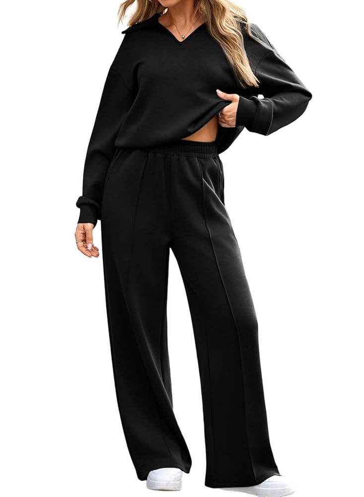 Aleumdr Womens 2 Piece Outfits Fall Lounge Set Sweatsuit Long Sleeve Tops Wide Leg Pants with Poc... | Amazon (US)