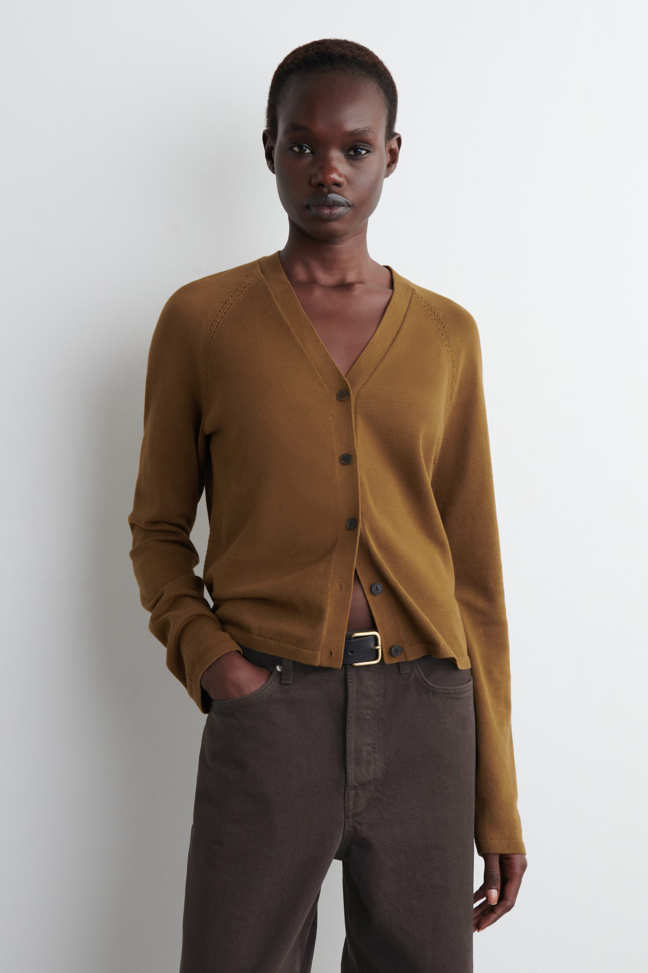 KNITTED COTTON V-NECK CARDIGAN - BROWN | COS US | COS (US)