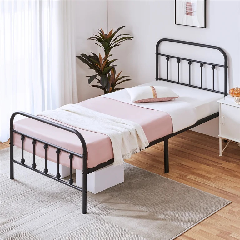 Smile Mart Metal Bed Frame with High Headboard and Footboard, Twin XL, Black | Walmart (US)